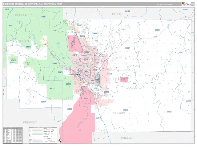 Colorado Springs Metro Area ZIP Code Wall Map, Classic style