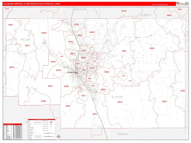 Colorado Springs Metro Area ZIP Code Wall Map, RedLine style