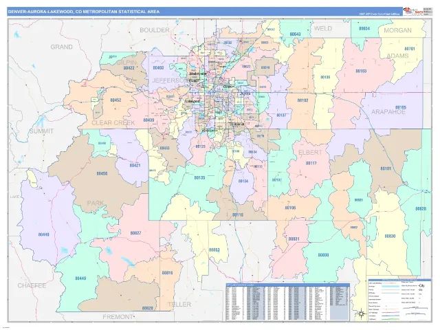 Denver-Aurora-Lakewood Metro Area ZIP Code Wall Map, ColorCast style