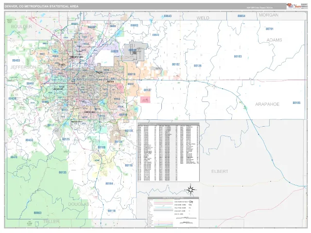 Denver Metro Area ZIP Code Wall Map, Classic style