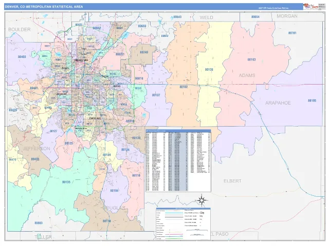 Denver Metro Area ZIP Code Wall Map, ColorCast style