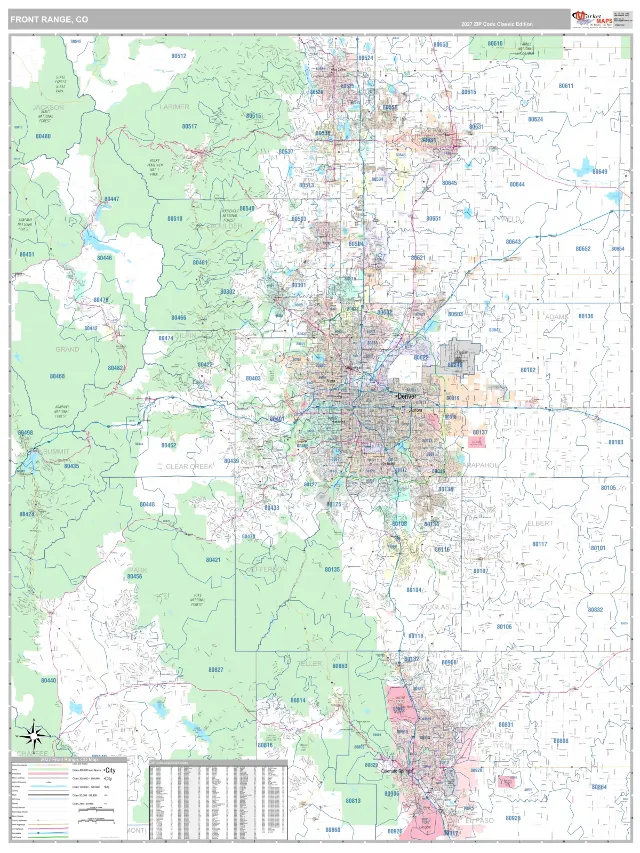 Front Range Metro Area ZIP Code Wall Map, Classic style