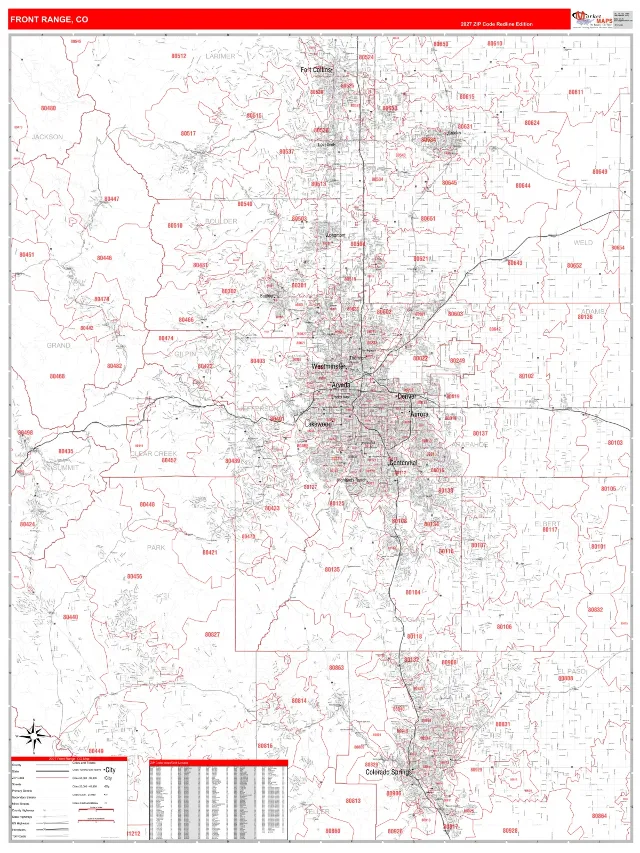 Front Range Metro Area ZIP Code Wall Map, RedLine style