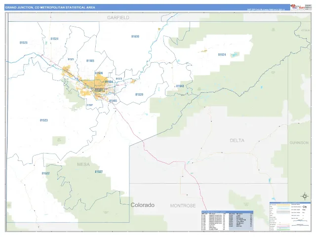 Grand Junction Metro Area ZIP Code Wall Map, Business Reference style