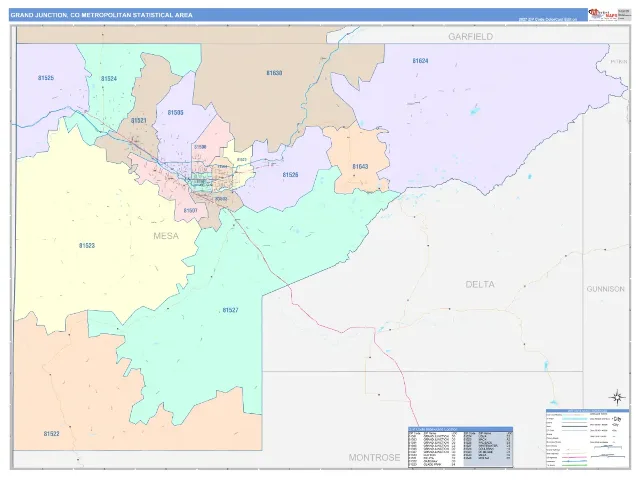 Grand Junction Metro Area ZIP Code Wall Map, ColorCast style