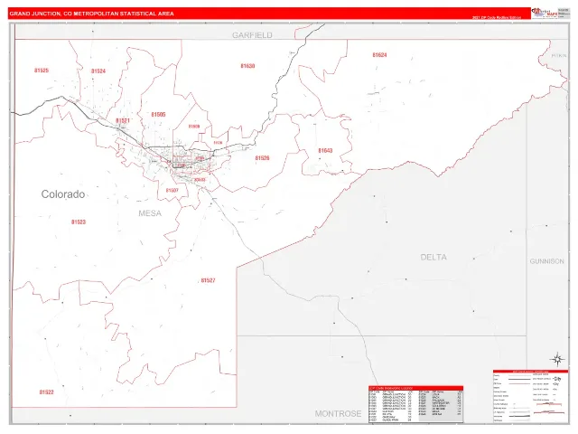 Grand Junction Metro Area ZIP Code Wall Map, RedLine style