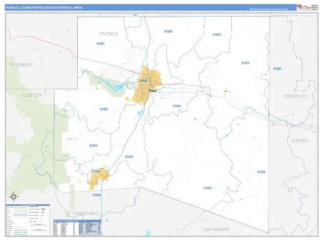 Pueblo Metro Area ZIP Code Wall Map, Business Reference style