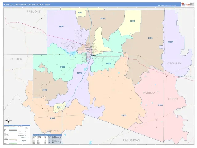 Pueblo Metro Area ZIP Code Wall Map, ColorCast style