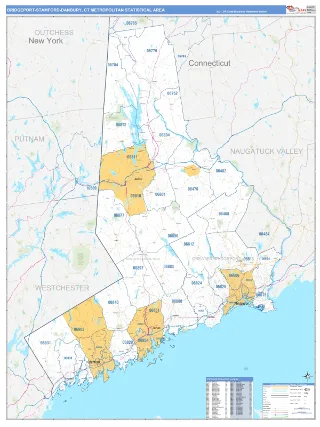 Bridgeport-Stamford-Norwalk Metro Area Business Reference style ZIP Code wall map
