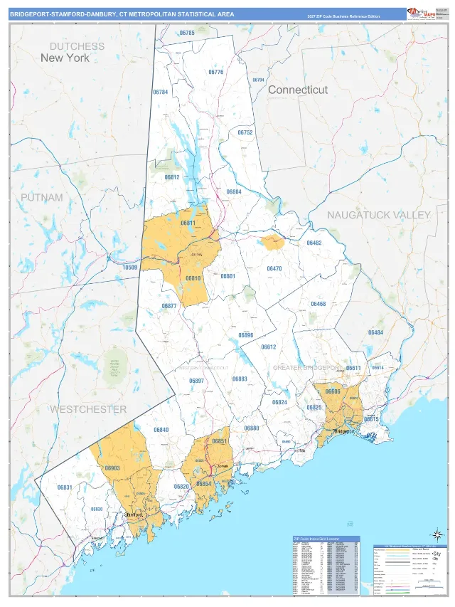 Bridgeport-Stamford-Norwalk Metro Area ZIP Code Wall Map, Business Reference style