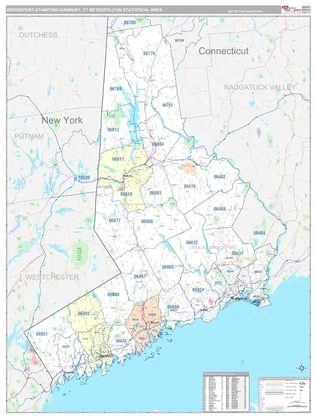 Bridgeport-Stamford-Norwalk Metro Area ZIP Code Wall Map, Classic style