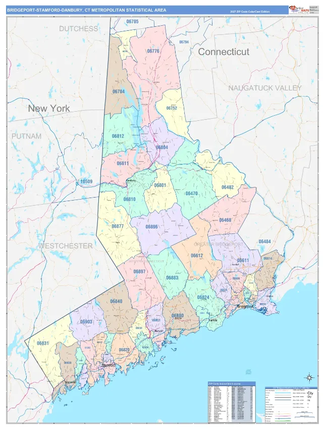 Bridgeport-Stamford-Norwalk Metro Area ZIP Code Wall Map, ColorCast style