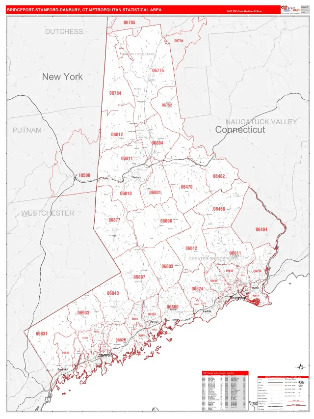 Bridgeport-Stamford-Norwalk Metro Area ZIP Code Wall Map, RedLine style