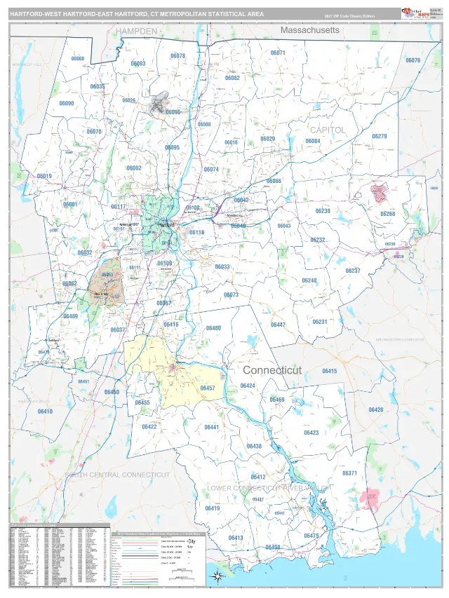 Hartford-West Hartford-East Hartford Metro Area ZIP Code Wall Map, Classic style