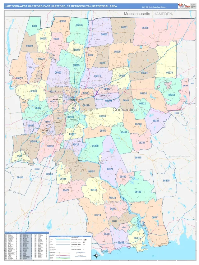 Hartford-West Hartford-East Hartford Metro Area ZIP Code Wall Map, ColorCast style