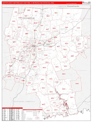 Hartford-West Hartford-East Hartford Metro Area RedLine style ZIP Code wall map