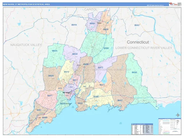 New Haven-Milford Metro Area ZIP Code Wall Map, ColorCast style