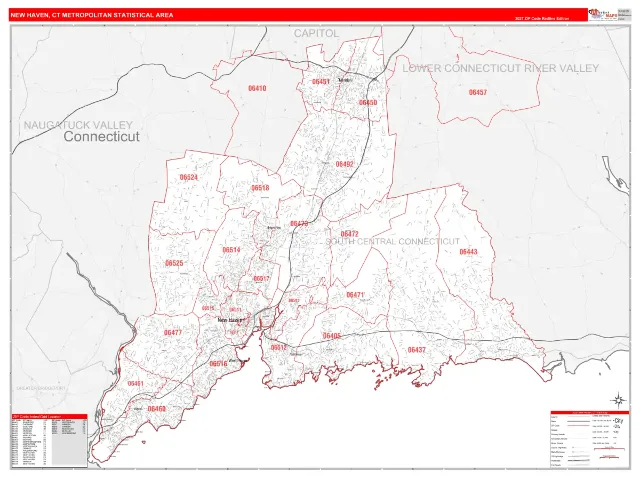New Haven-Milford Metro Area ZIP Code Wall Map, RedLine style