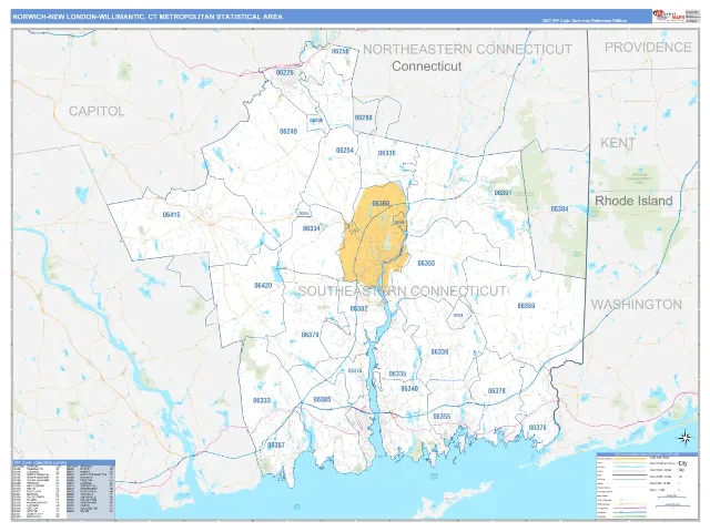 Norwich-New London Metro Area ZIP Code Wall Map, Business Reference style