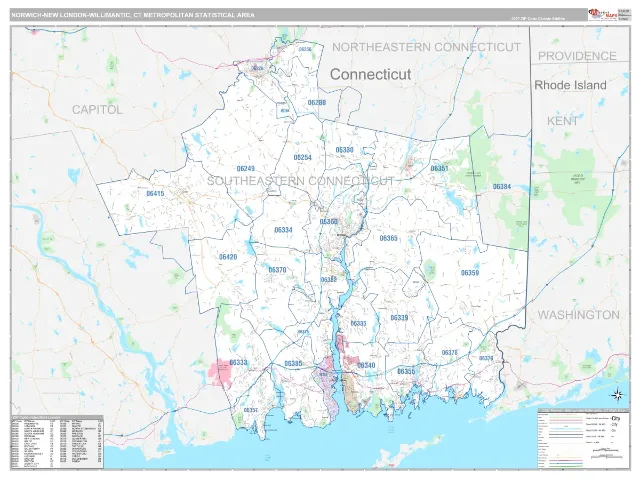Norwich-New London Metro Area ZIP Code Wall Map, Classic style