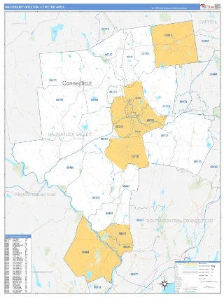 Waterbury Metro Area Business Reference style ZIP Code wall map