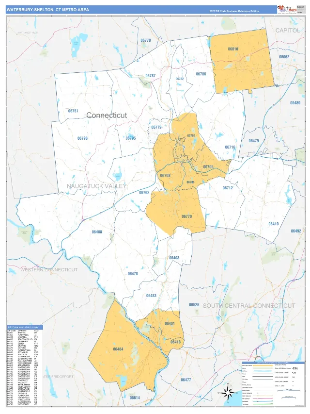 Waterbury Metro Area ZIP Code Wall Map, Business Reference style