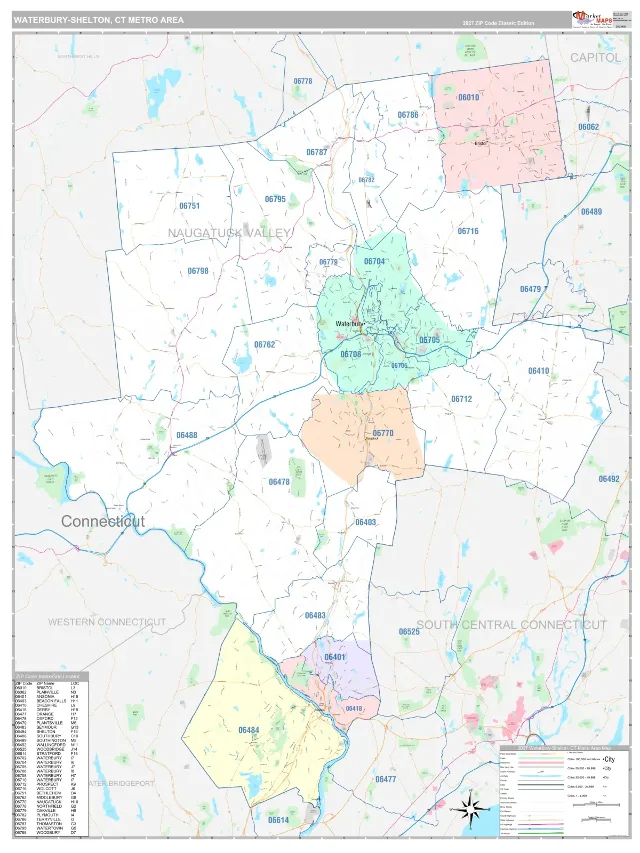 Waterbury Metro Area ZIP Code Wall Map, Classic style