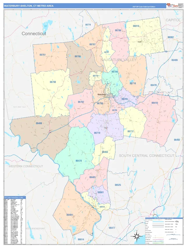 Waterbury Metro Area ZIP Code Wall Map, ColorCast style