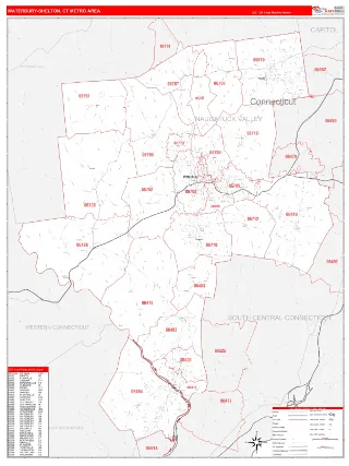 Waterbury Metro Area RedLine style ZIP Code wall map