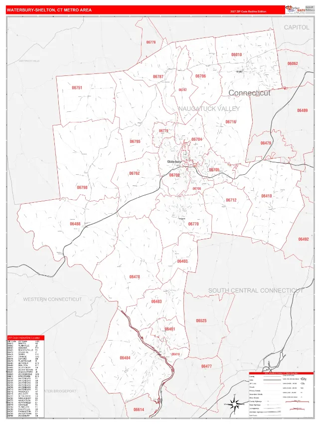 Waterbury Metro Area ZIP Code Wall Map, RedLine style