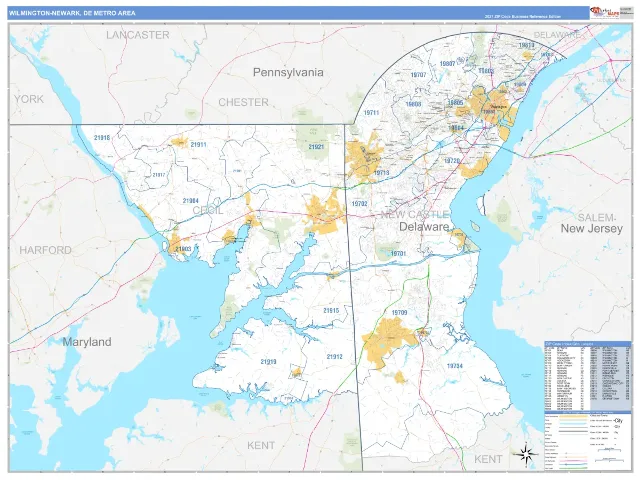 Wilmington-Newark Metro Area ZIP Code Wall Map, Business Reference style