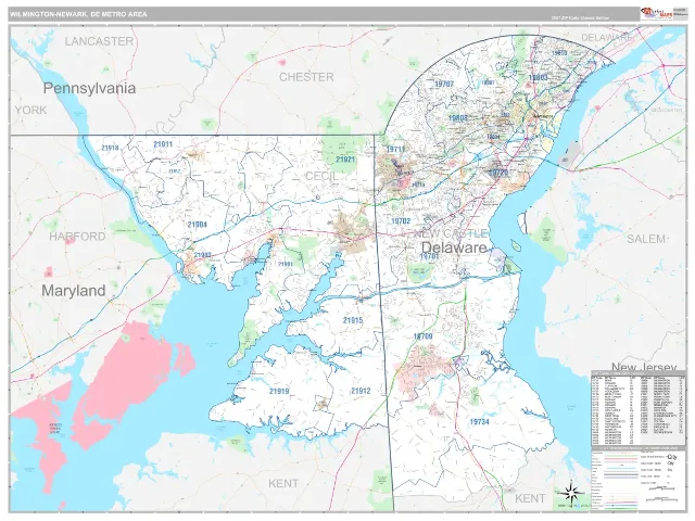 Wilmington-Newark Metro Area ZIP Code Wall Map, Classic style