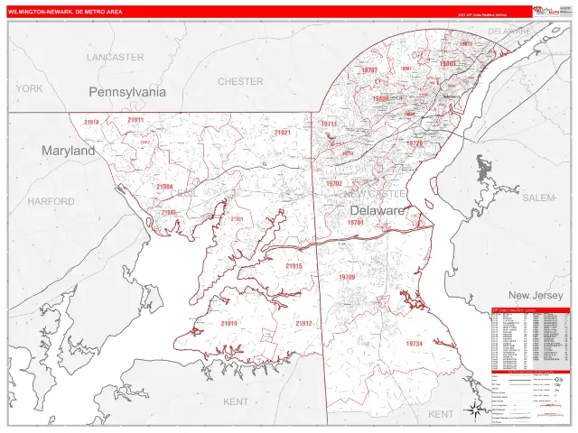Wilmington-Newark Metro Area ZIP Code Wall Map, RedLine style