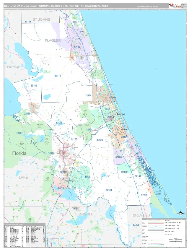 Deltona-Daytona Beach-Ormond Beach Metro Area ZIP Code Wall Map, Classic style
