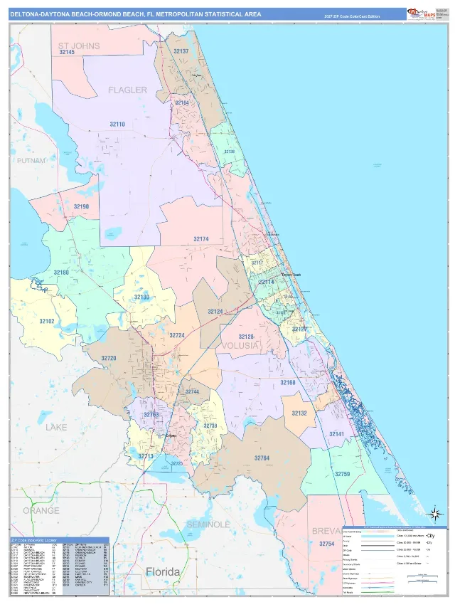 Deltona-Daytona Beach-Ormond Beach Metro Area ZIP Code Wall Map, ColorCast style
