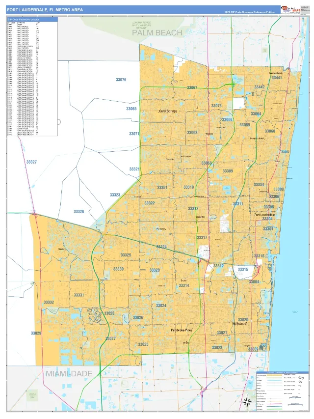 Fort Lauderdale Metro Area ZIP Code Wall Map, Business Reference style