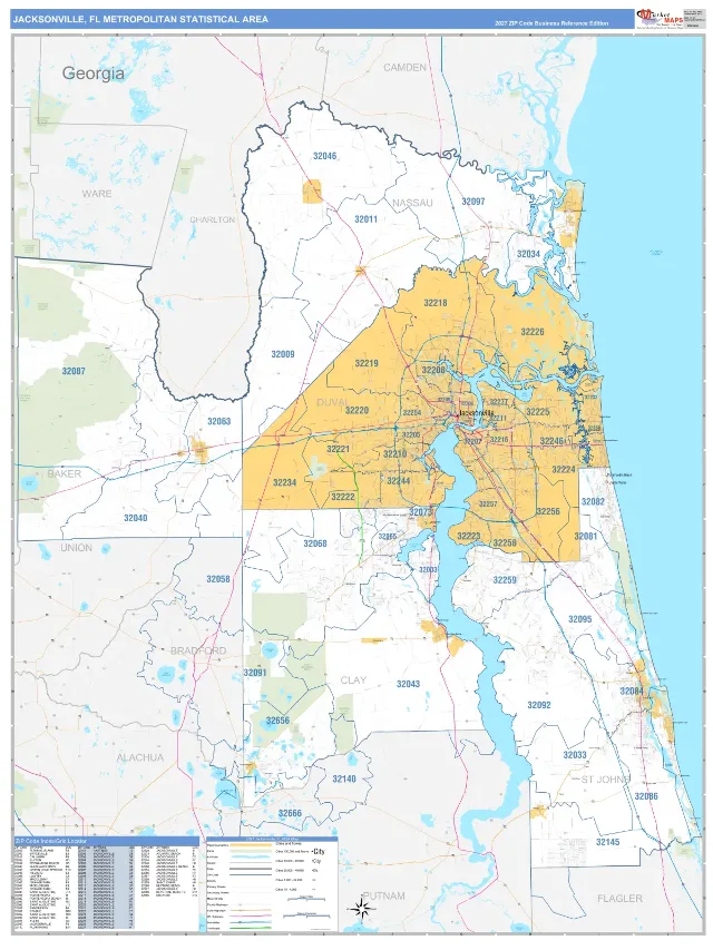 Jacksonville Metro Area ZIP Code Wall Map, Business Reference style