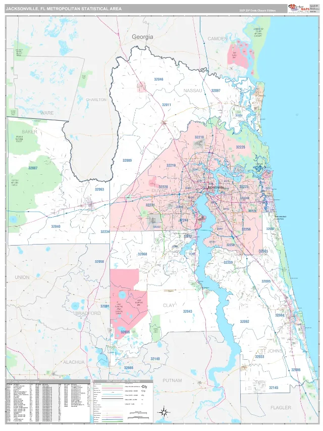 Jacksonville Metro Area ZIP Code Wall Map, Classic style