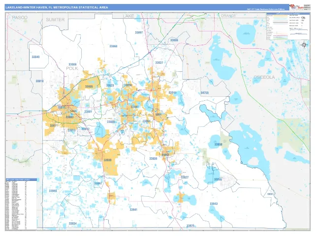 Lakeland-Winter Haven Metro Area ZIP Code Wall Map, Business Reference style