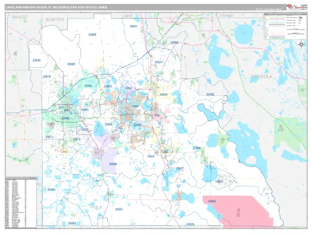 Lakeland-Winter Haven Metro Area ZIP Code Wall Map, Classic style