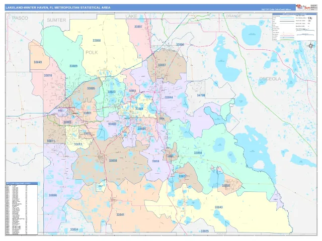 Lakeland-Winter Haven Metro Area ZIP Code Wall Map, ColorCast style