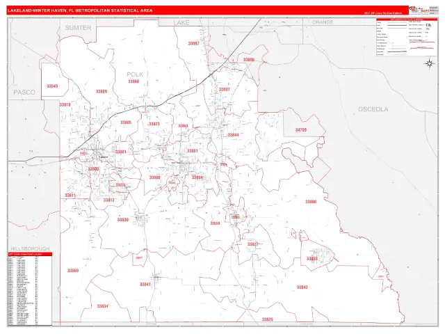 Lakeland-Winter Haven Metro Area ZIP Code Wall Map, RedLine style