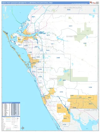 North Port-Sarasota-Bradenton Metro Area Business Reference style ZIP Code wall map