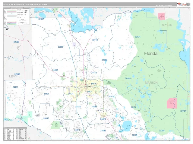 Ocala Metro Area ZIP Code Wall Map, Classic style