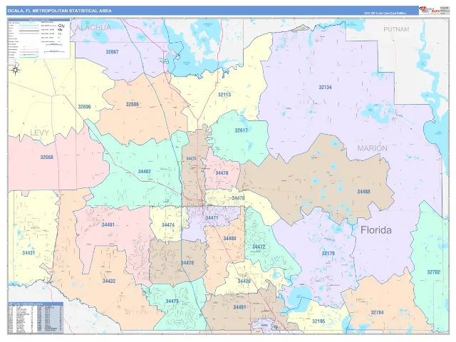 Ocala Metro Area ZIP Code Wall Map, ColorCast style