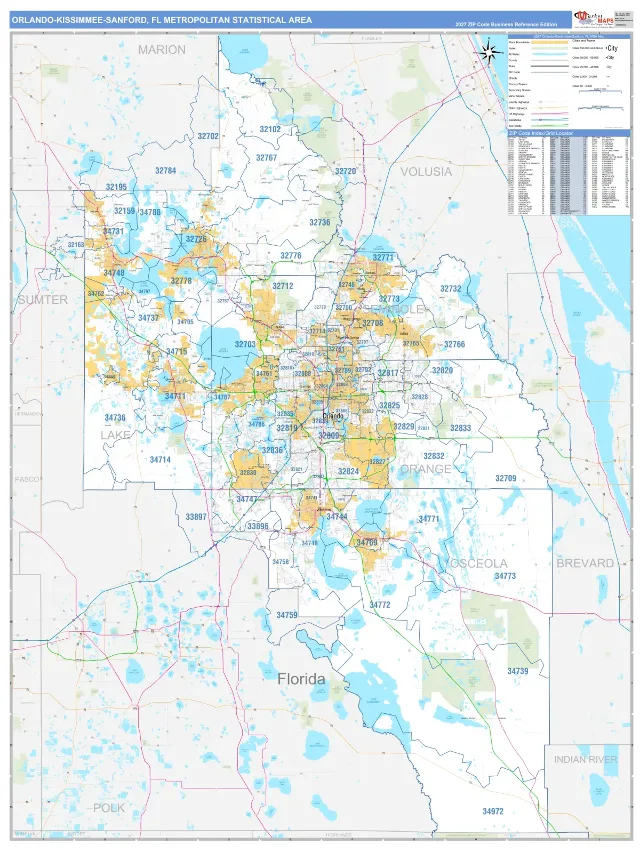 Orlando-Kissimmee-Sanford Metro Area ZIP Code Wall Map, Business Reference style