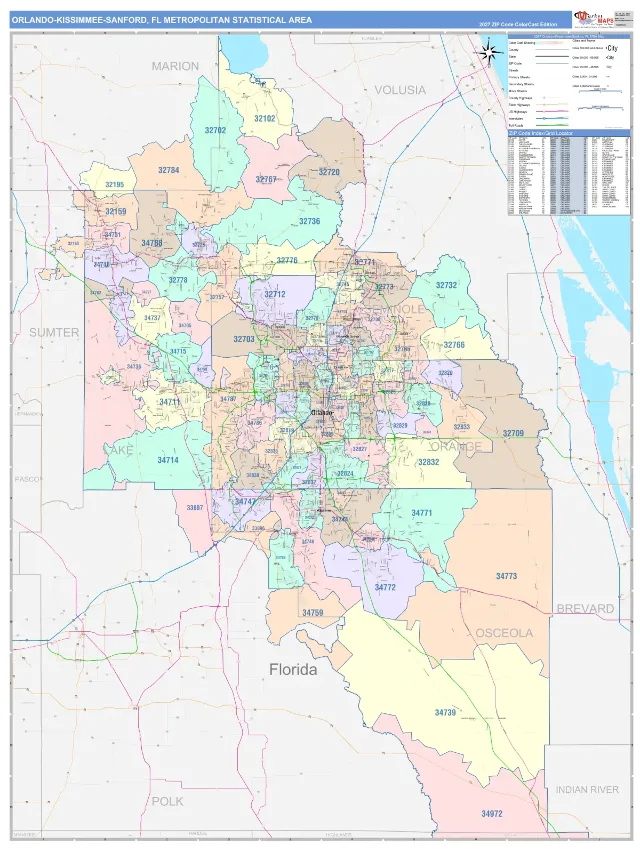 Orlando-Kissimmee-Sanford Metro Area ZIP Code Wall Map, ColorCast style