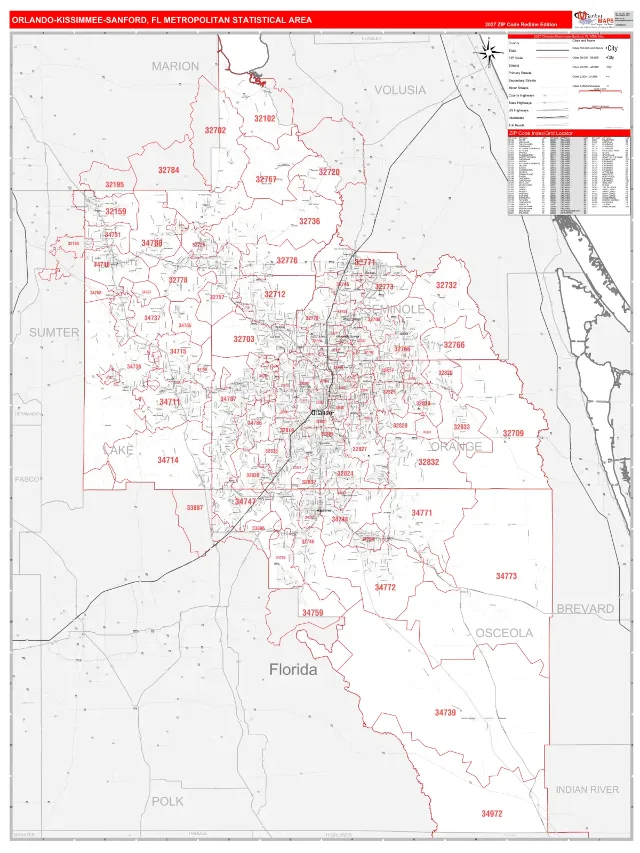 Orlando-Kissimmee-Sanford Metro Area ZIP Code Wall Map, RedLine style