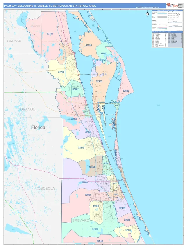 Palm Bay-Melbourne-Titusville Metro Area ZIP Code Wall Map, ColorCast style