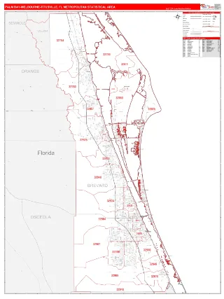 Palm Bay-Melbourne-Titusville Metro Area RedLine style ZIP Code wall map